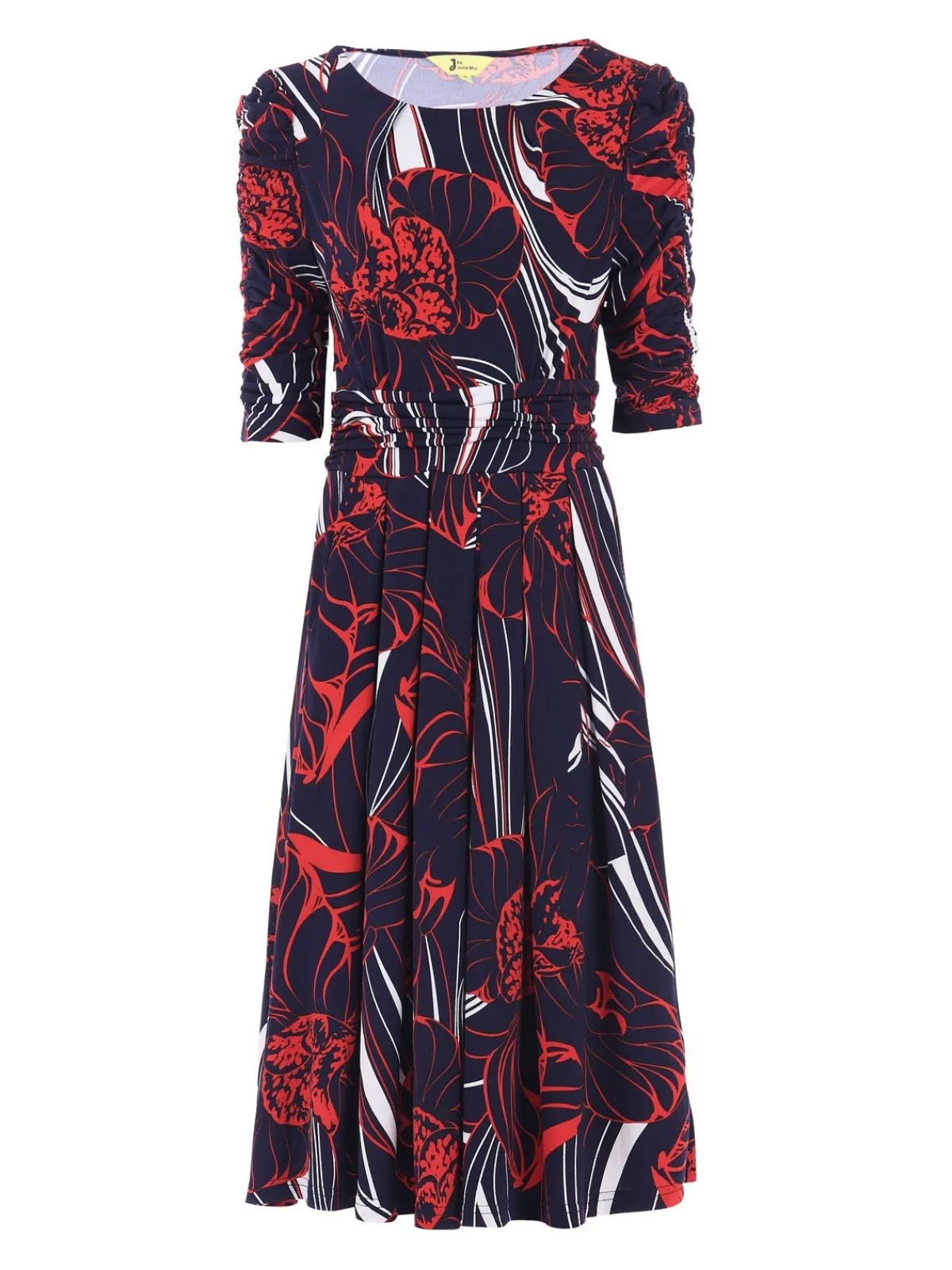 Jolie Moi Jersey Dresses|Weekend Casuals-Ruched Sleeve Print Jersey Midi Dress, Navy Abstract