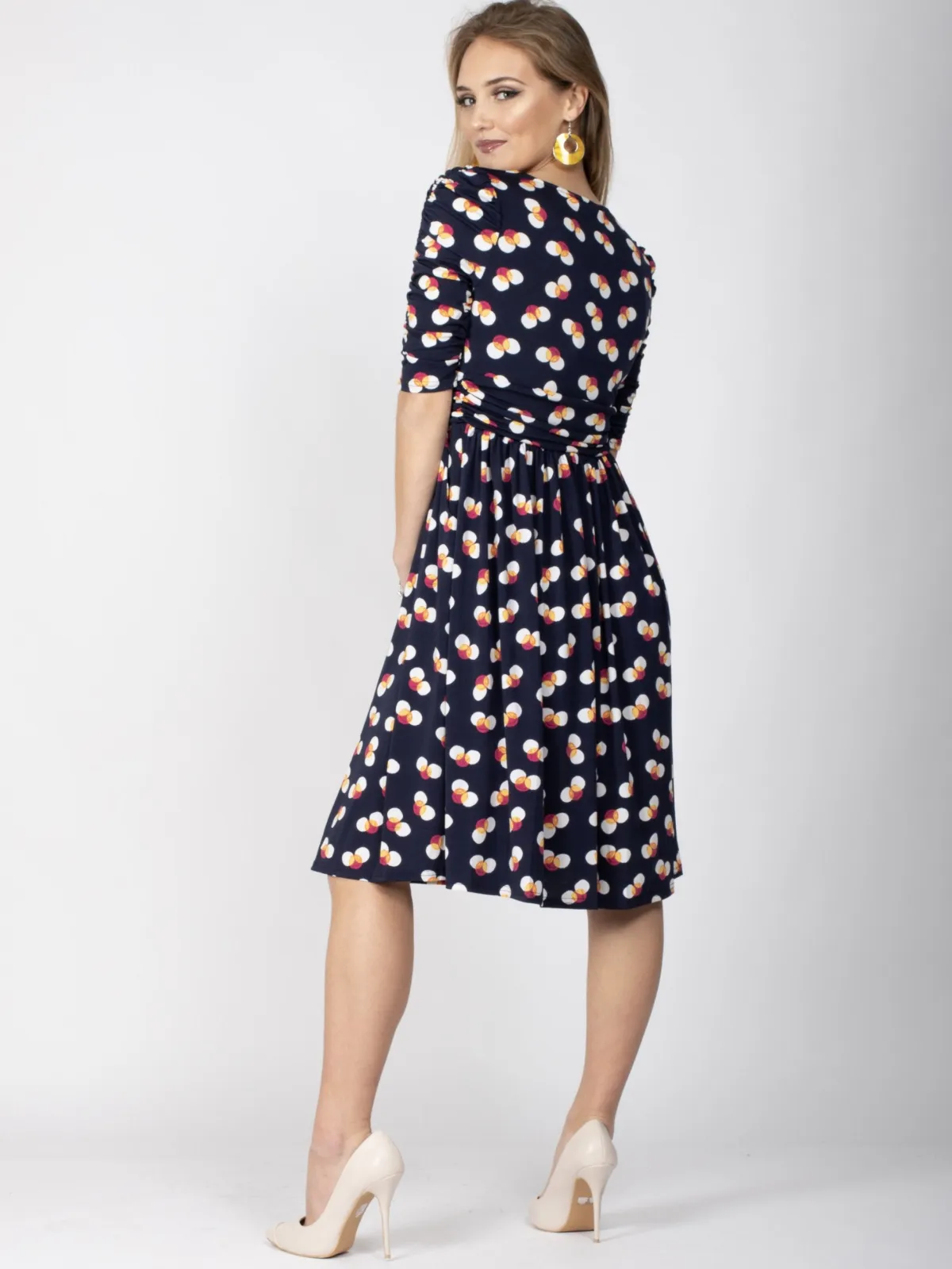 Jolie Moi Occasion Dresses|Jersey Dresses-Ruched Sleeve Print Jersey Midi Dress, Navy Spot
