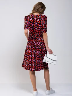 Jolie Moi Floral Dresses|Jersey Dresses-Ruched Sleeve Print Jersey Midi Dress, Red Floral