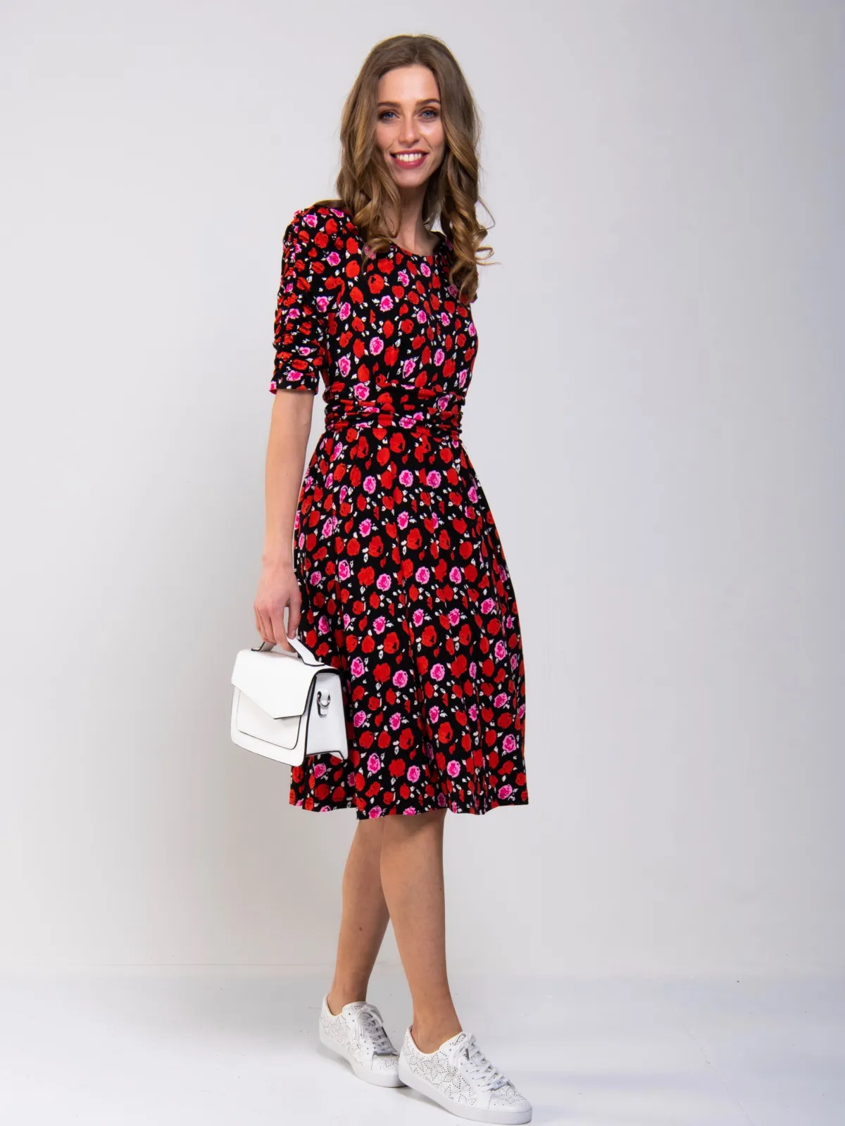 Jolie Moi Floral Dresses|Jersey Dresses-Ruched Sleeve Print Jersey Midi Dress, Red Floral