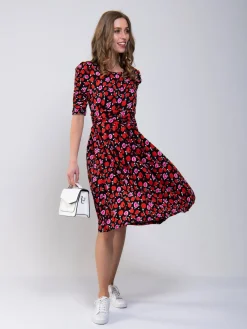 Jolie Moi Floral Dresses|Jersey Dresses-Ruched Sleeve Print Jersey Midi Dress, Red Floral
