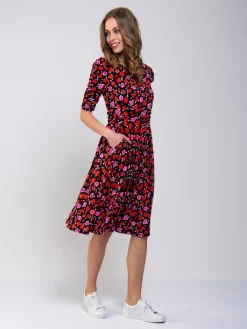 Jolie Moi Floral Dresses|Jersey Dresses-Ruched Sleeve Print Jersey Midi Dress, Red Floral