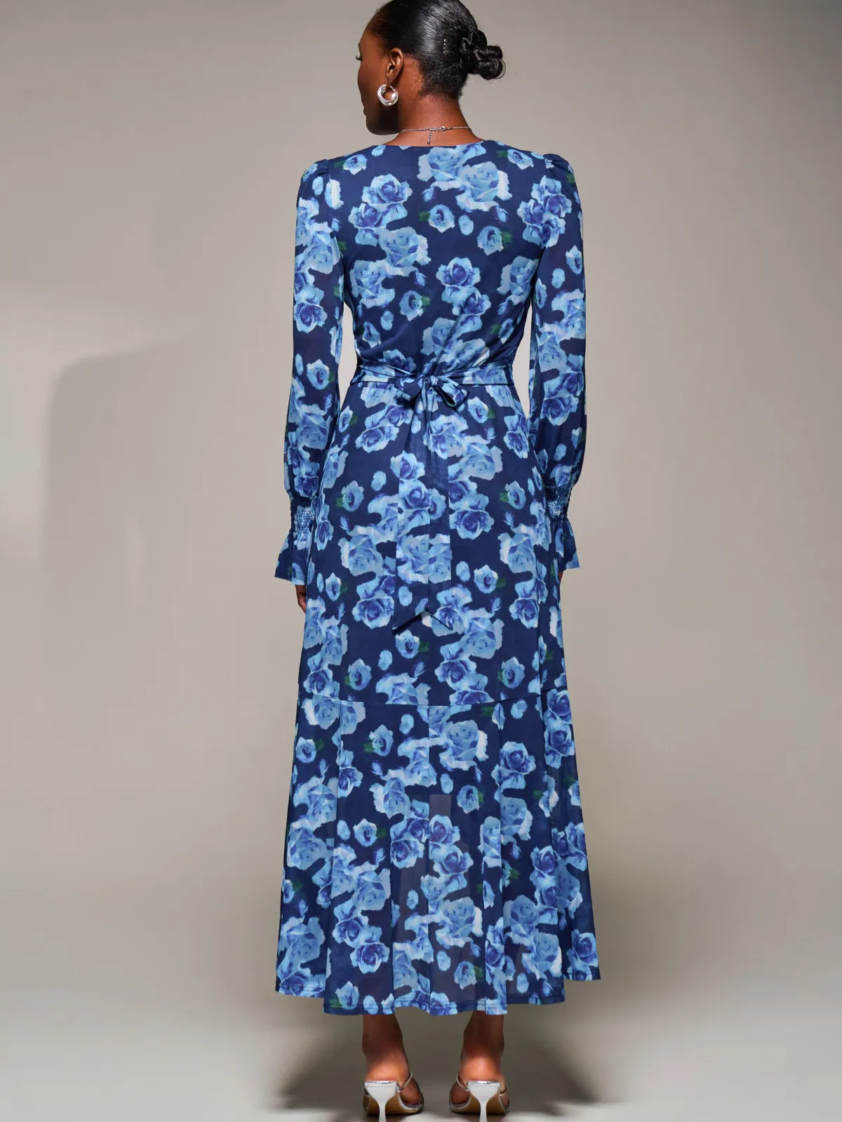 Jolie Moi Occasion Dresses|Floral Dresses-Ruffle Cuffed Sleeve Frill Mesh Maxi Dress, Blue Floral