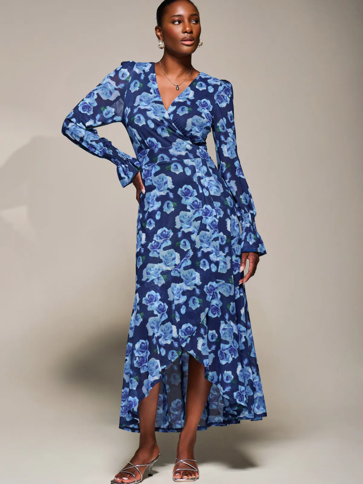 Jolie Moi Occasion Dresses|Floral Dresses-Ruffle Cuffed Sleeve Frill Mesh Maxi Dress, Blue Floral