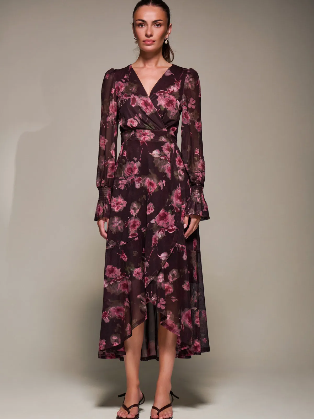 Jolie Moi Occasion Dresses|Floral Dresses-Ruffle Cuffed Sleeve Frill Mesh Maxi Dress, Burgundy Floral