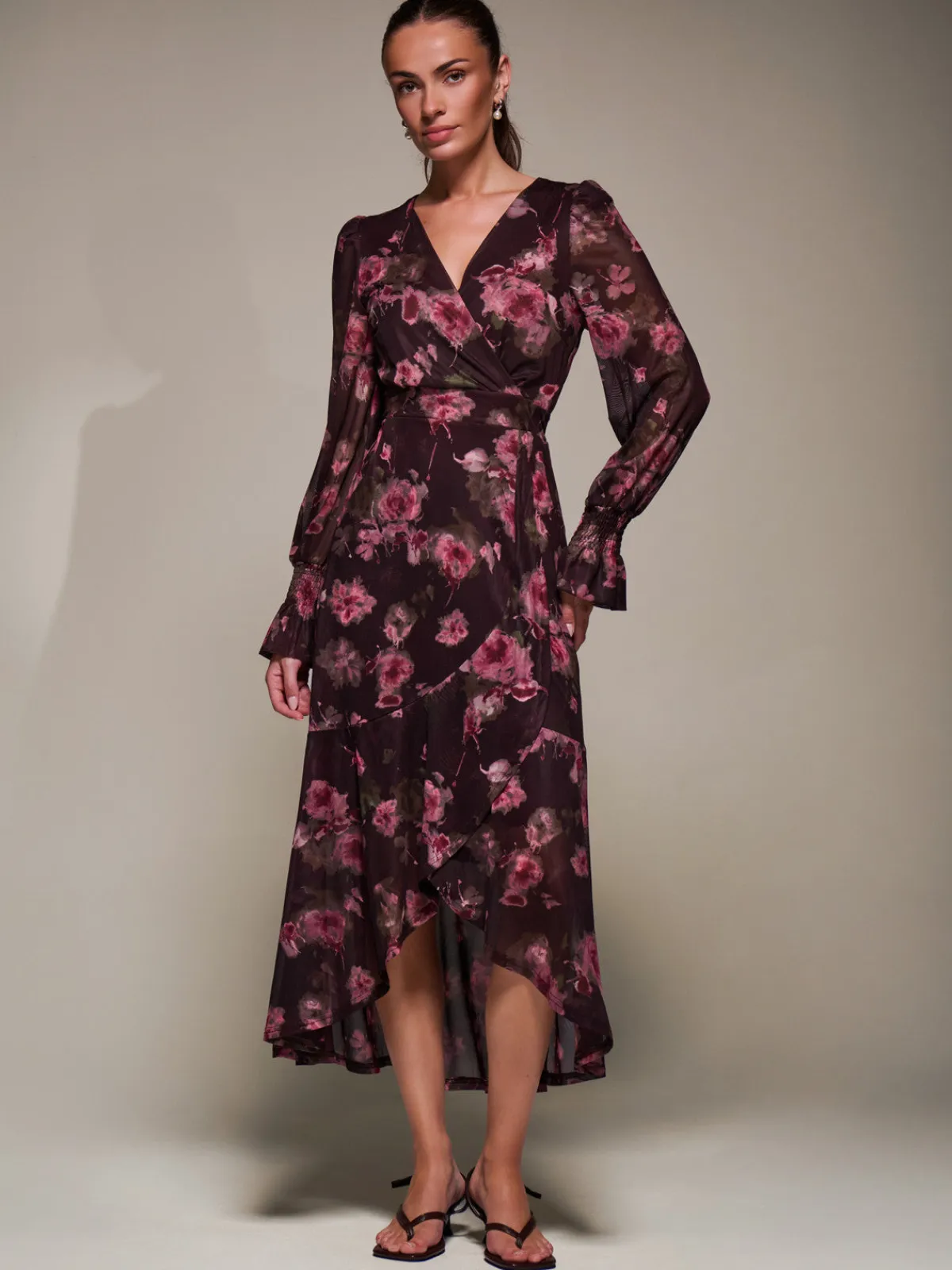 Jolie Moi Occasion Dresses|Floral Dresses-Ruffle Cuffed Sleeve Frill Mesh Maxi Dress, Burgundy Floral
