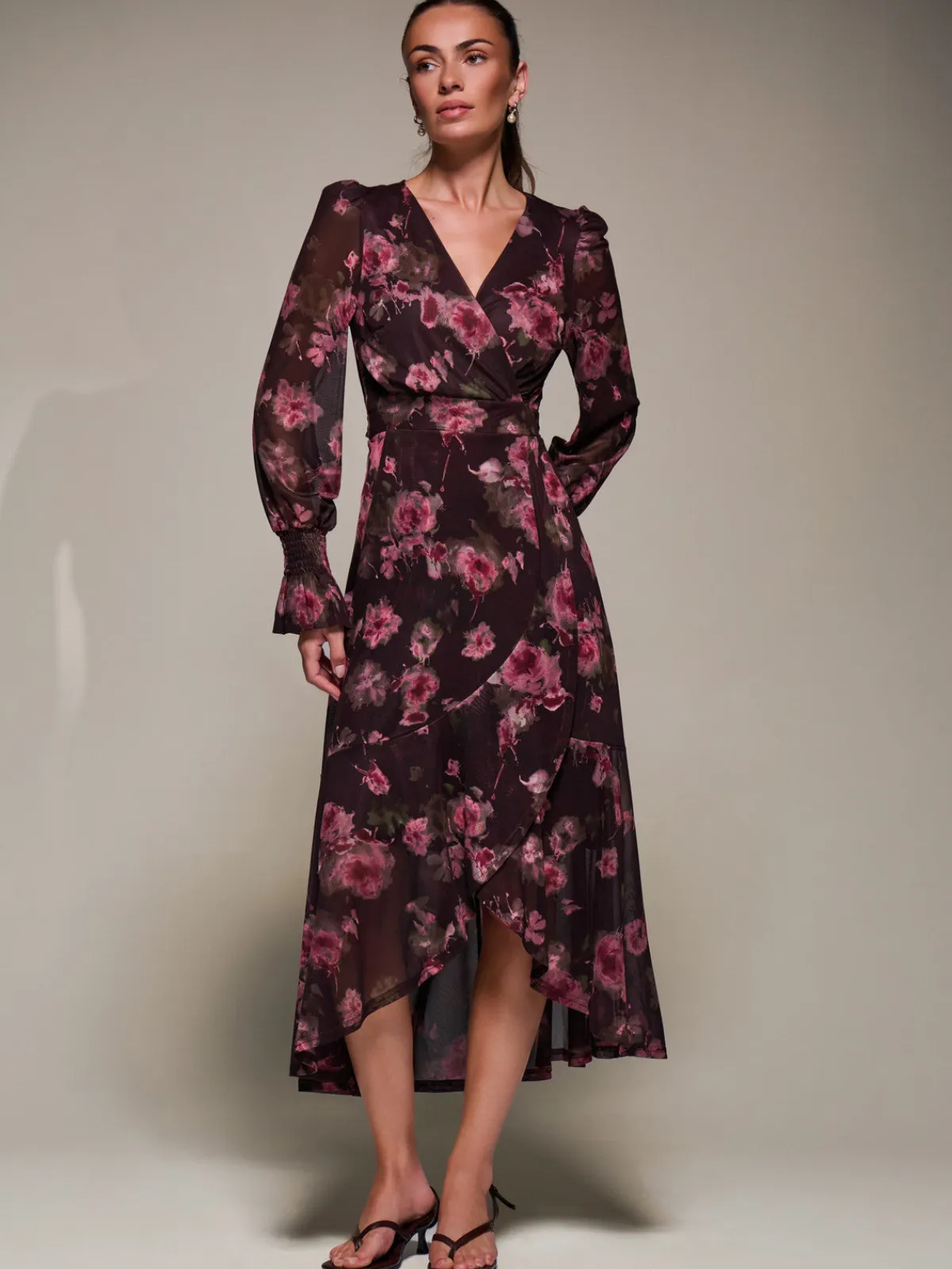 Jolie Moi Occasion Dresses|Floral Dresses-Ruffle Cuffed Sleeve Frill Mesh Maxi Dress, Burgundy Floral