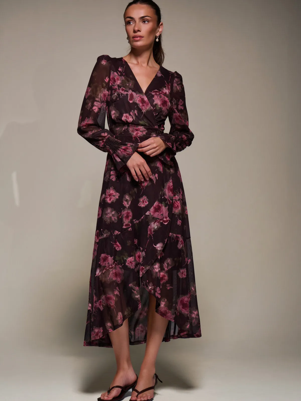 Jolie Moi Occasion Dresses|Floral Dresses-Ruffle Cuffed Sleeve Frill Mesh Maxi Dress, Burgundy Floral