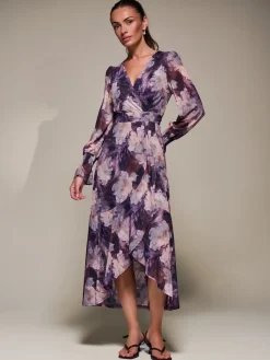 Jolie Moi Floral Dresses|Mesh Dresses-Ruffle Cuffed Sleeve Frill Mesh Maxi Dress, Purple Floral