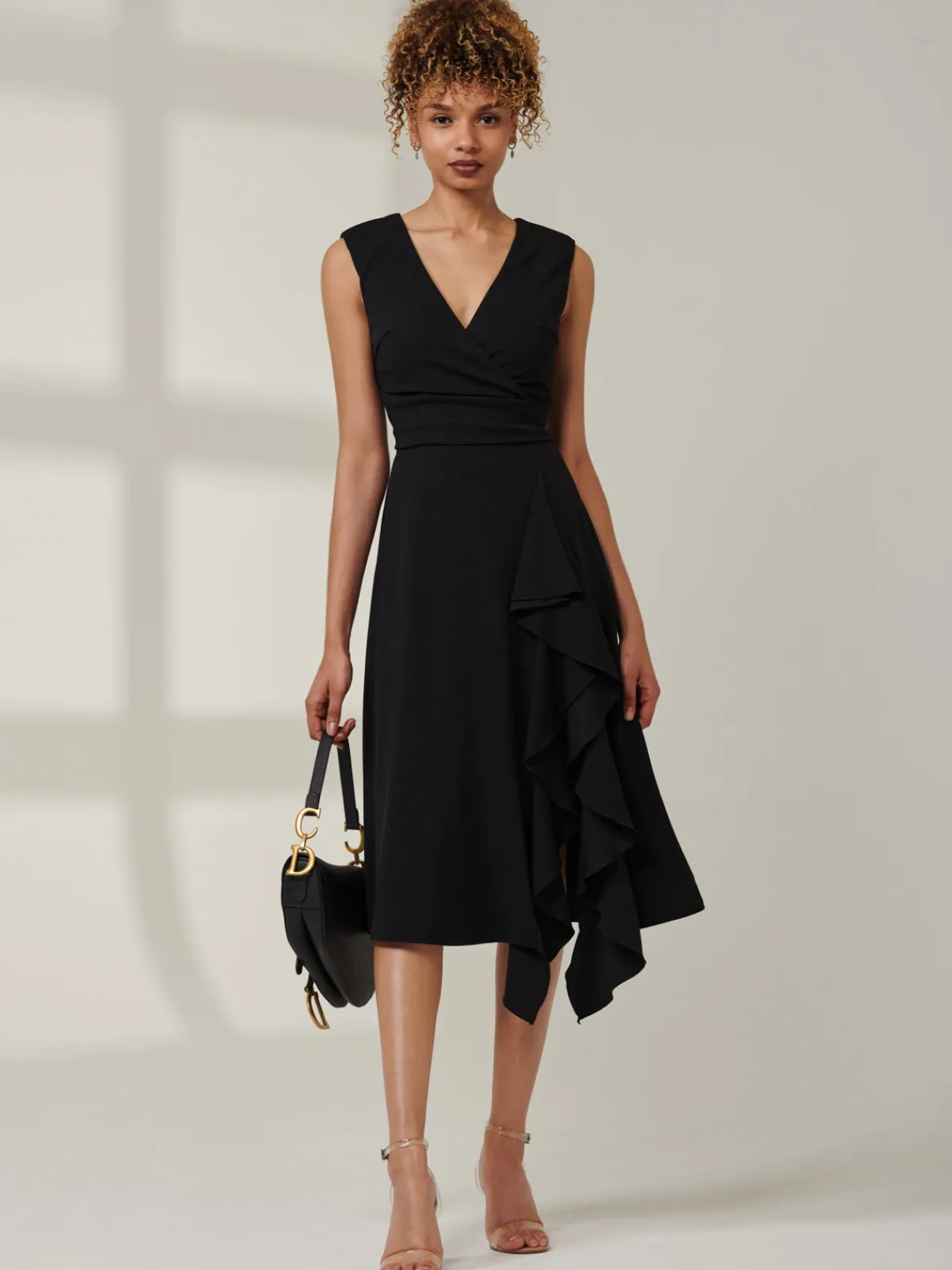 Jolie Moi Occasion Dresses|Midi Dresses-Ruffle Detail Midi Dress, Black