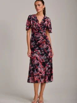 Jolie Moi Occasion Dresses|Mesh Dresses-Ruffle Detail Ruched Mesh Midaxi Dress, Coral Multi