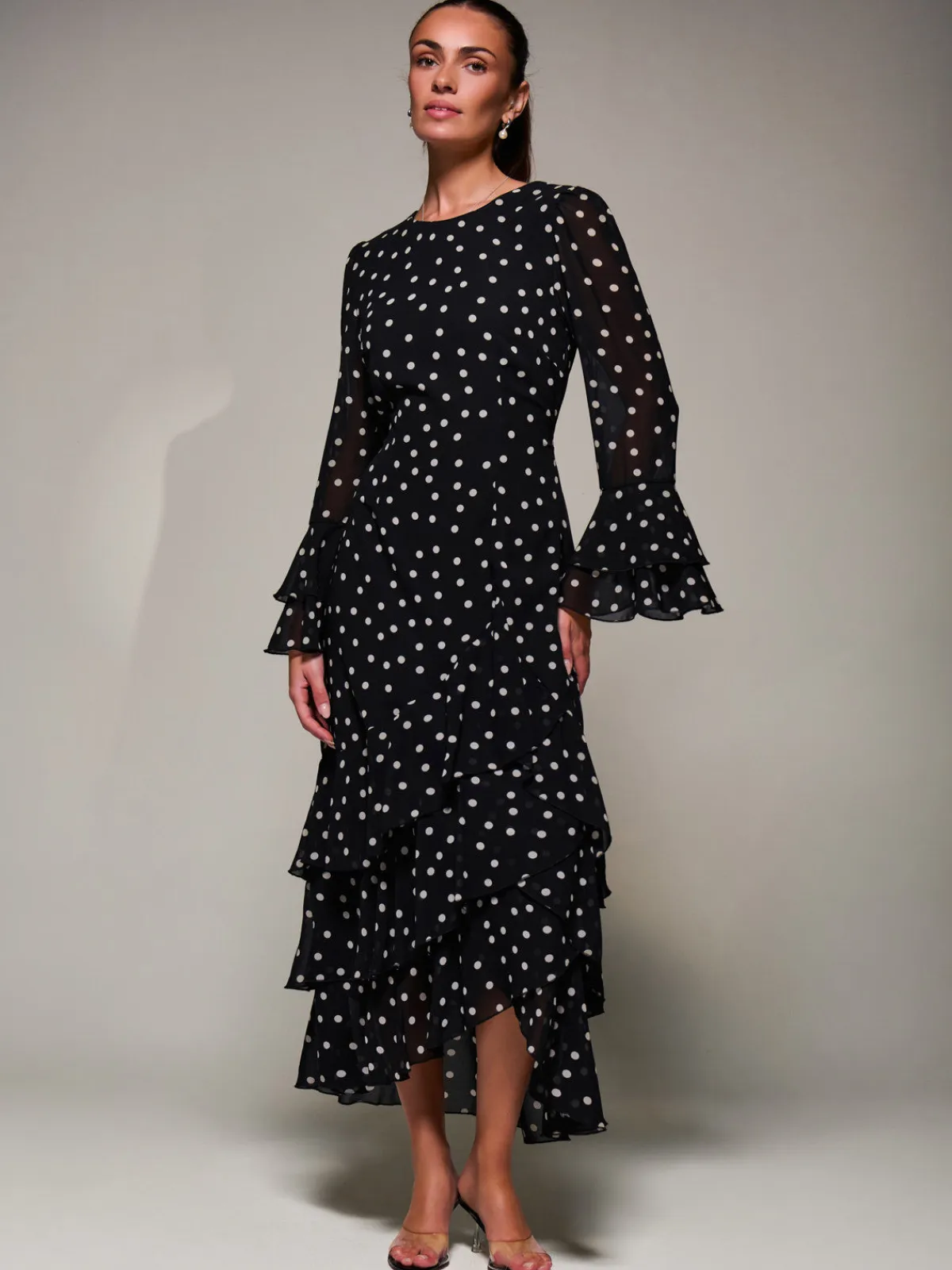 Jolie Moi Occasion Dresses|Maxi Dresses-Ruffled Long Sleeve Tiered Chiffon Midaxi, Black Spot