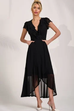 Jolie Moi Occasion Dresses|Mesh Dresses-Ruffled Mesh Maxi Dress, Black