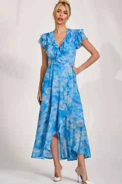 Jolie Moi Floral Dresses|Mesh Dresses-Ruffled Mesh Maxi Dress, Blue Floral