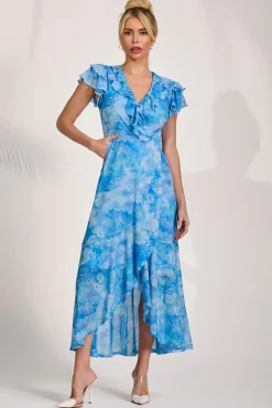 Jolie Moi Floral Dresses|Mesh Dresses-Ruffled Mesh Maxi Dress, Blue Floral