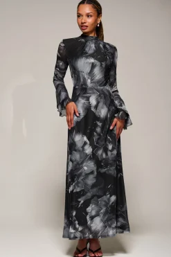 Jolie Moi Occasion Dresses|Mesh Dresses-Ruffle Long Sleeve Mesh Maxi Dress, Black Abstract