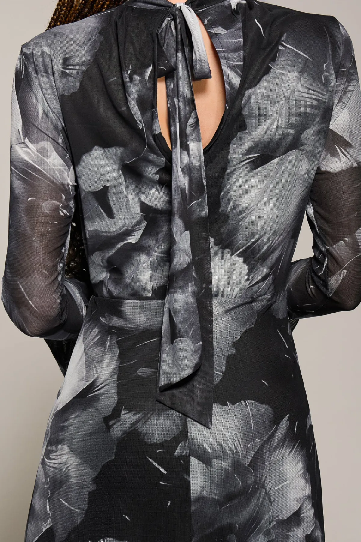 Jolie Moi Occasion Dresses|Mesh Dresses-Ruffle Long Sleeve Mesh Maxi Dress, Black Abstract