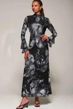 Jolie Moi Occasion Dresses|Mesh Dresses-Ruffle Long Sleeve Mesh Maxi Dress, Black Abstract