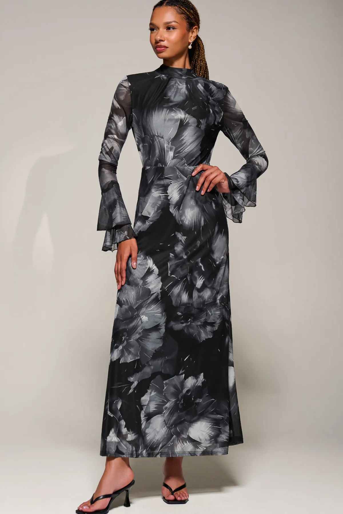 Jolie Moi Occasion Dresses|Mesh Dresses-Ruffle Long Sleeve Mesh Maxi Dress, Black Abstract