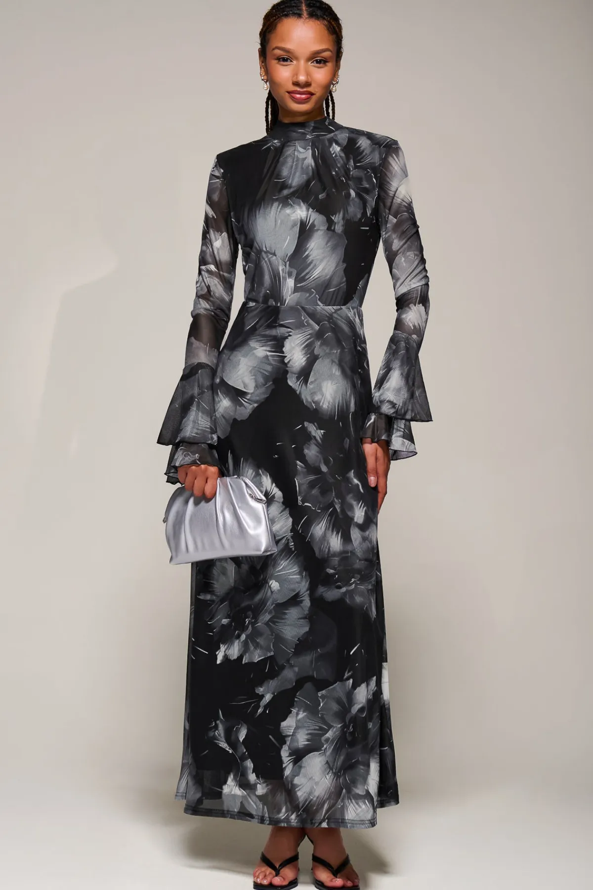 Jolie Moi Occasion Dresses|Mesh Dresses-Ruffle Long Sleeve Mesh Maxi Dress, Black Abstract