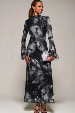 Jolie Moi Occasion Dresses|Mesh Dresses-Ruffle Long Sleeve Mesh Maxi Dress, Black Abstract