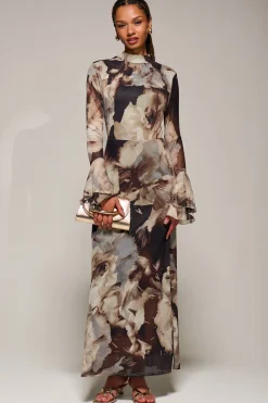 Jolie Moi Occasion Dresses|Floral Dresses-Ruffle Long Sleeve Mesh Maxi Dress, Brown Abstract
