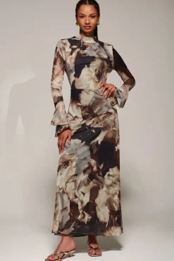 Jolie Moi Occasion Dresses|Floral Dresses-Ruffle Long Sleeve Mesh Maxi Dress, Brown Abstract