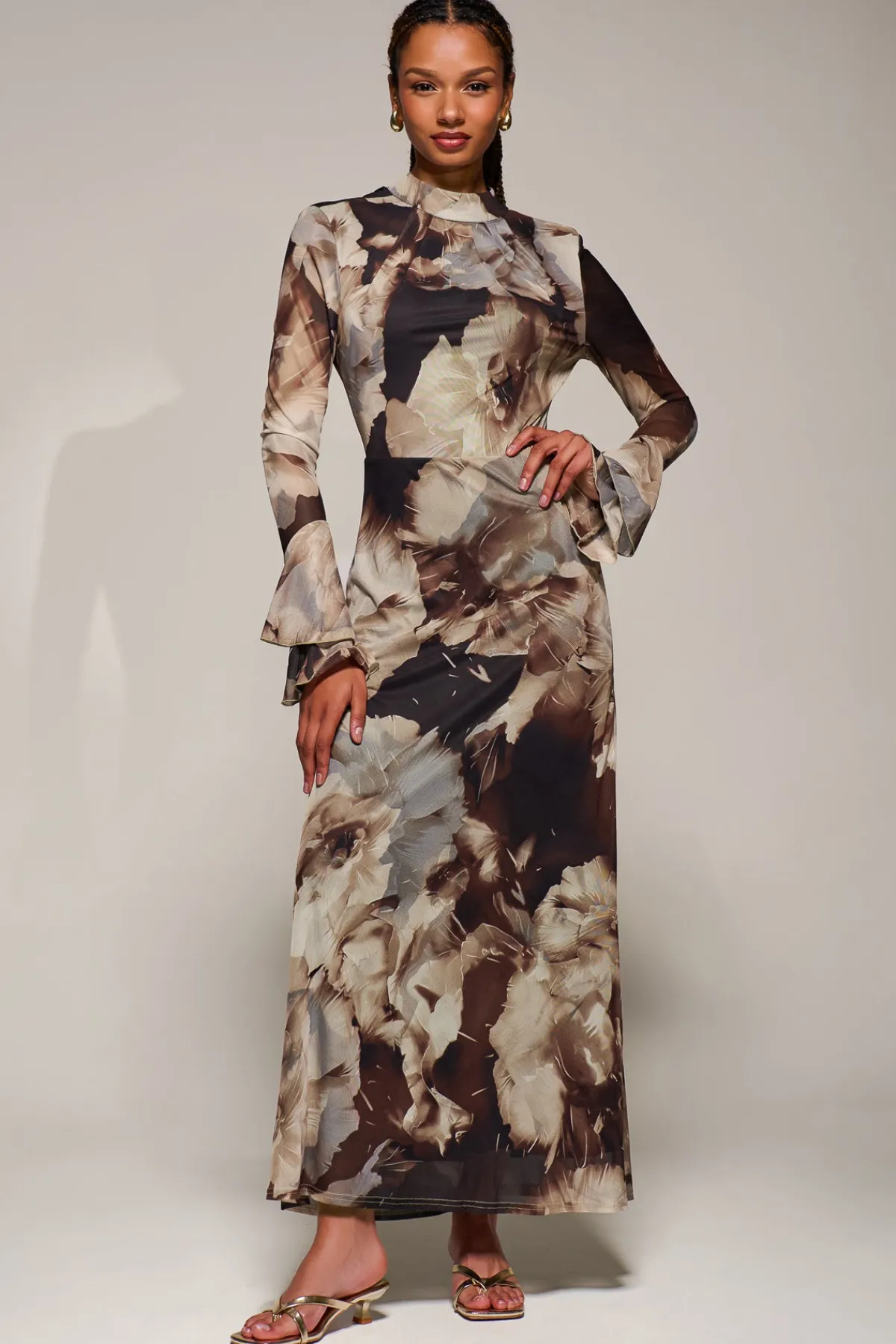 Jolie Moi Occasion Dresses|Floral Dresses-Ruffle Long Sleeve Mesh Maxi Dress, Brown Abstract