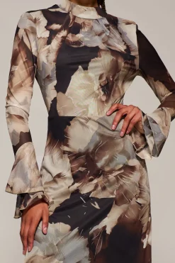 Jolie Moi Occasion Dresses|Floral Dresses-Ruffle Long Sleeve Mesh Maxi Dress, Brown Abstract