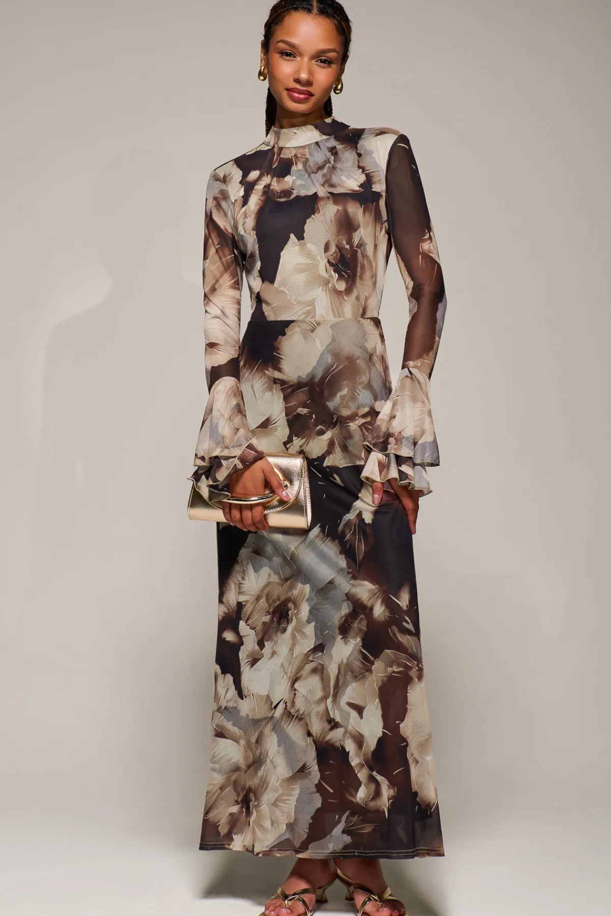 Jolie Moi Occasion Dresses|Floral Dresses-Ruffle Long Sleeve Mesh Maxi Dress, Brown Abstract