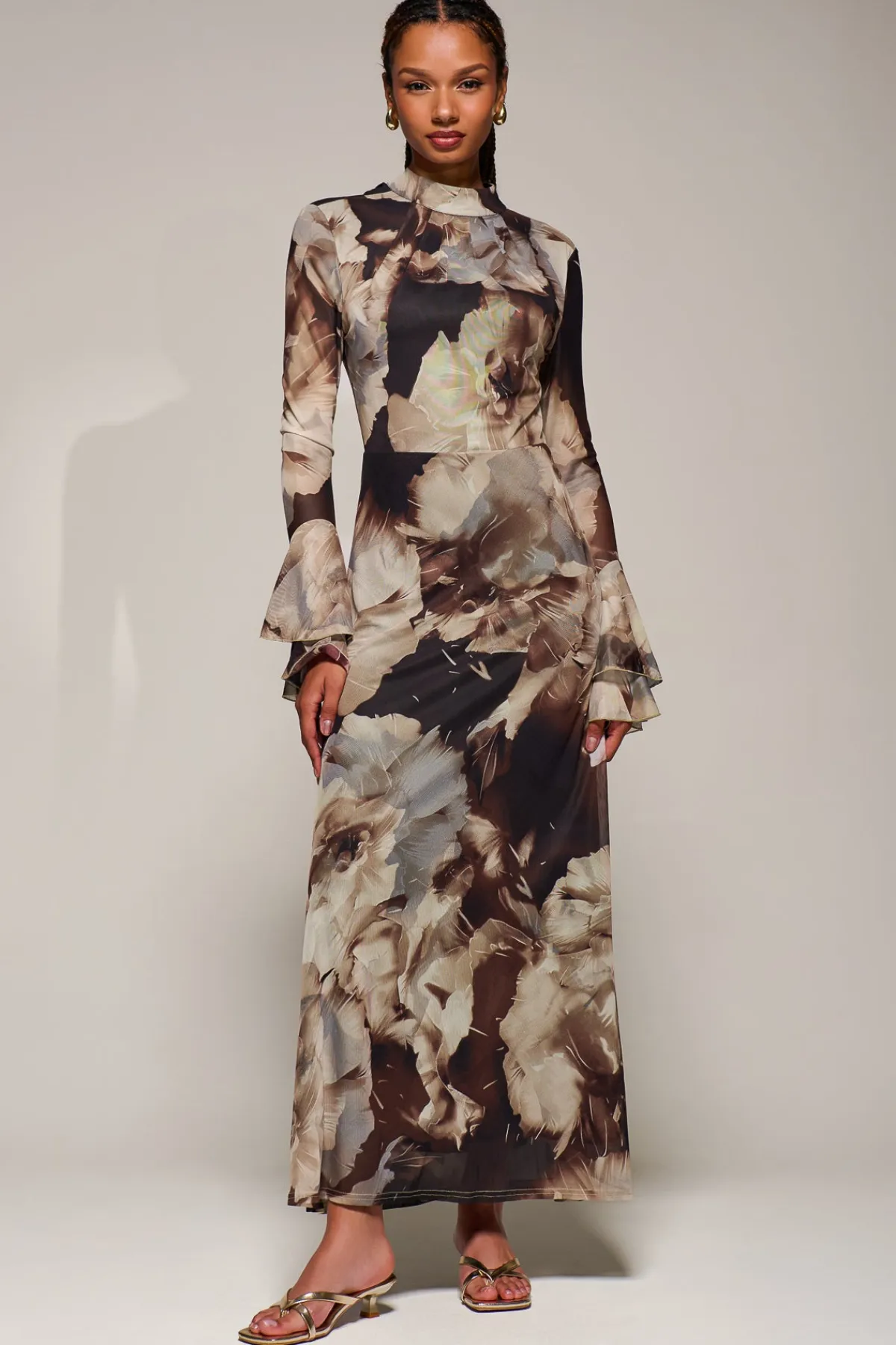 Jolie Moi Occasion Dresses|Floral Dresses-Ruffle Long Sleeve Mesh Maxi Dress, Brown Abstract