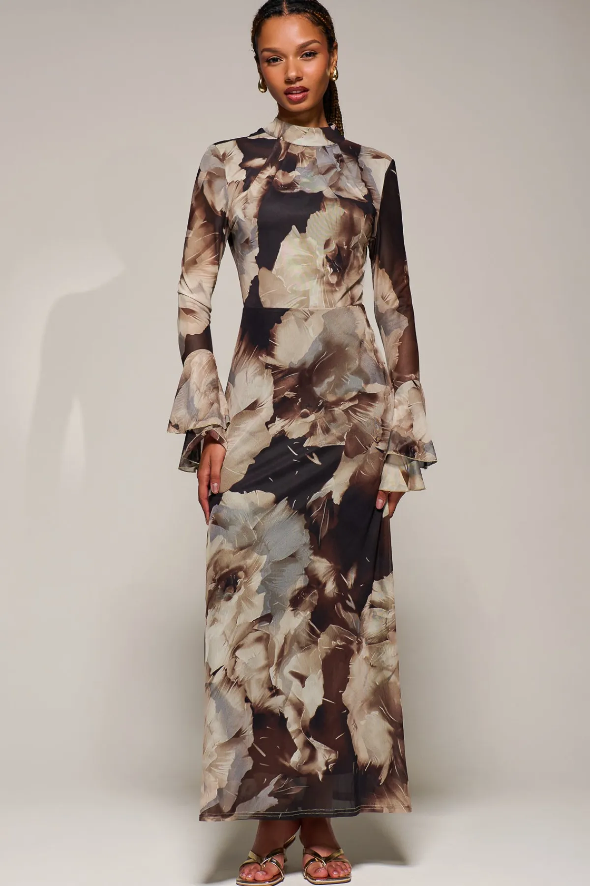 Jolie Moi Occasion Dresses|Floral Dresses-Ruffle Long Sleeve Mesh Maxi Dress, Brown Abstract