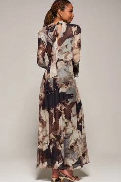 Jolie Moi Occasion Dresses|Floral Dresses-Ruffle Long Sleeve Mesh Maxi Dress, Brown Abstract