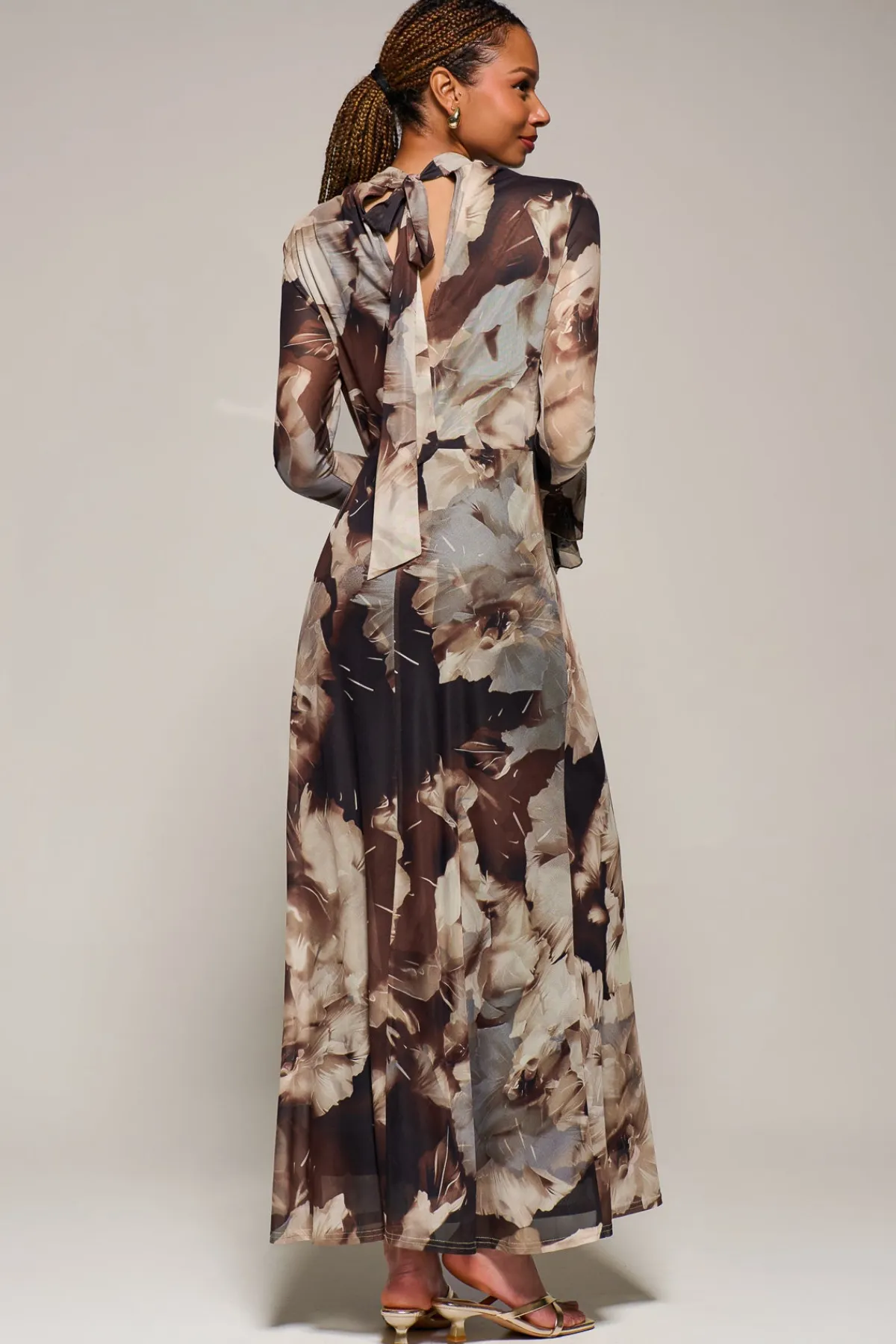 Jolie Moi Occasion Dresses|Floral Dresses-Ruffle Long Sleeve Mesh Maxi Dress, Brown Abstract