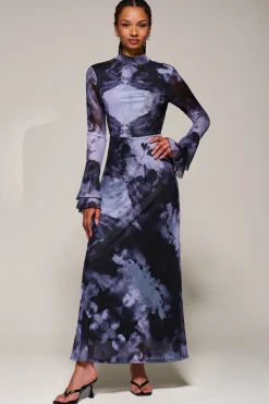 Jolie Moi Occasion Dresses|Mesh Dresses-Ruffle Long Sleeve Mesh Maxi Dress, Purple Abstract