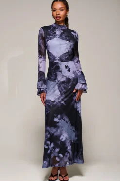 Jolie Moi Occasion Dresses|Mesh Dresses-Ruffle Long Sleeve Mesh Maxi Dress, Purple Abstract