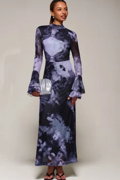 Jolie Moi Occasion Dresses|Mesh Dresses-Ruffle Long Sleeve Mesh Maxi Dress, Purple Abstract