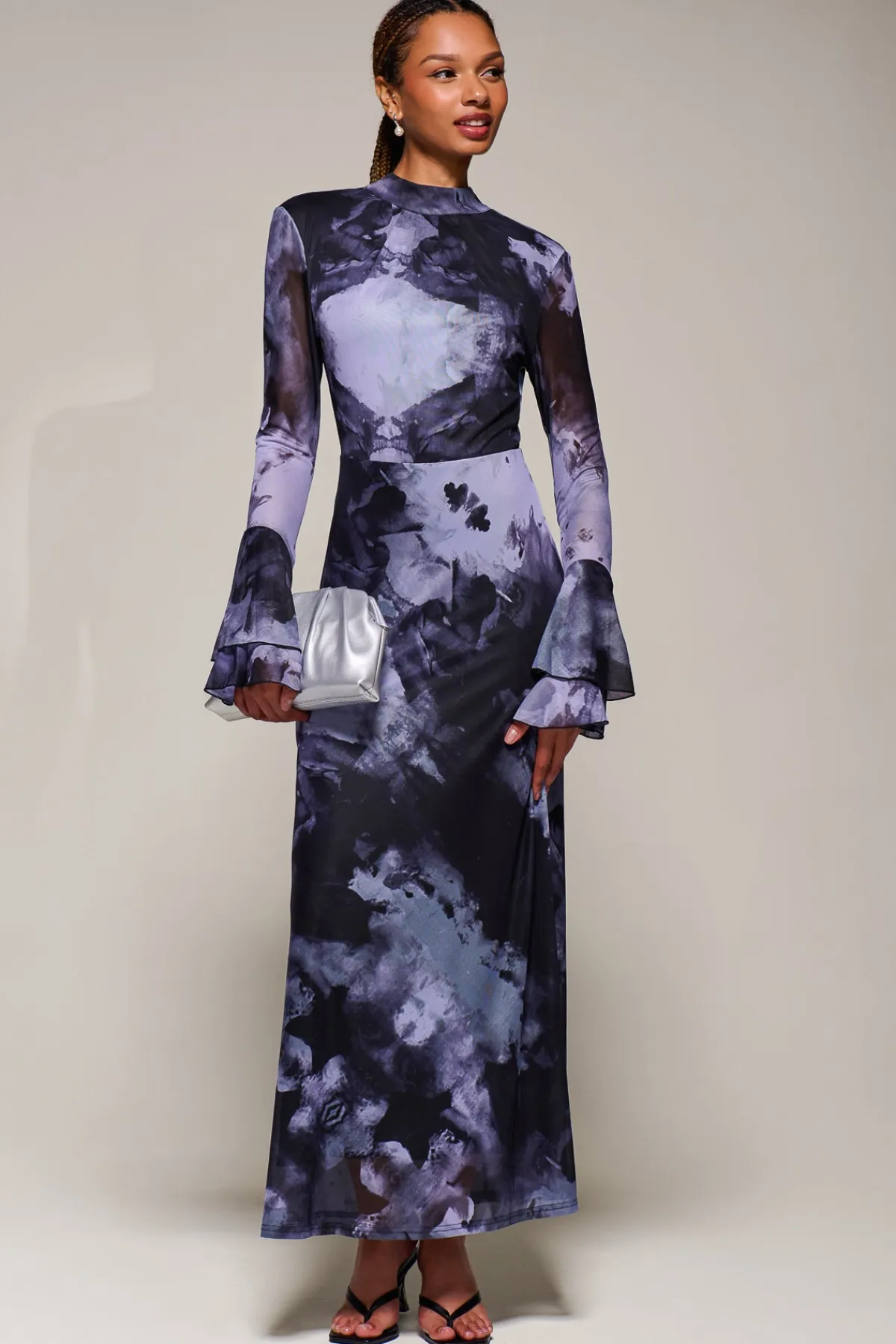 Jolie Moi Occasion Dresses|Mesh Dresses-Ruffle Long Sleeve Mesh Maxi Dress, Purple Abstract