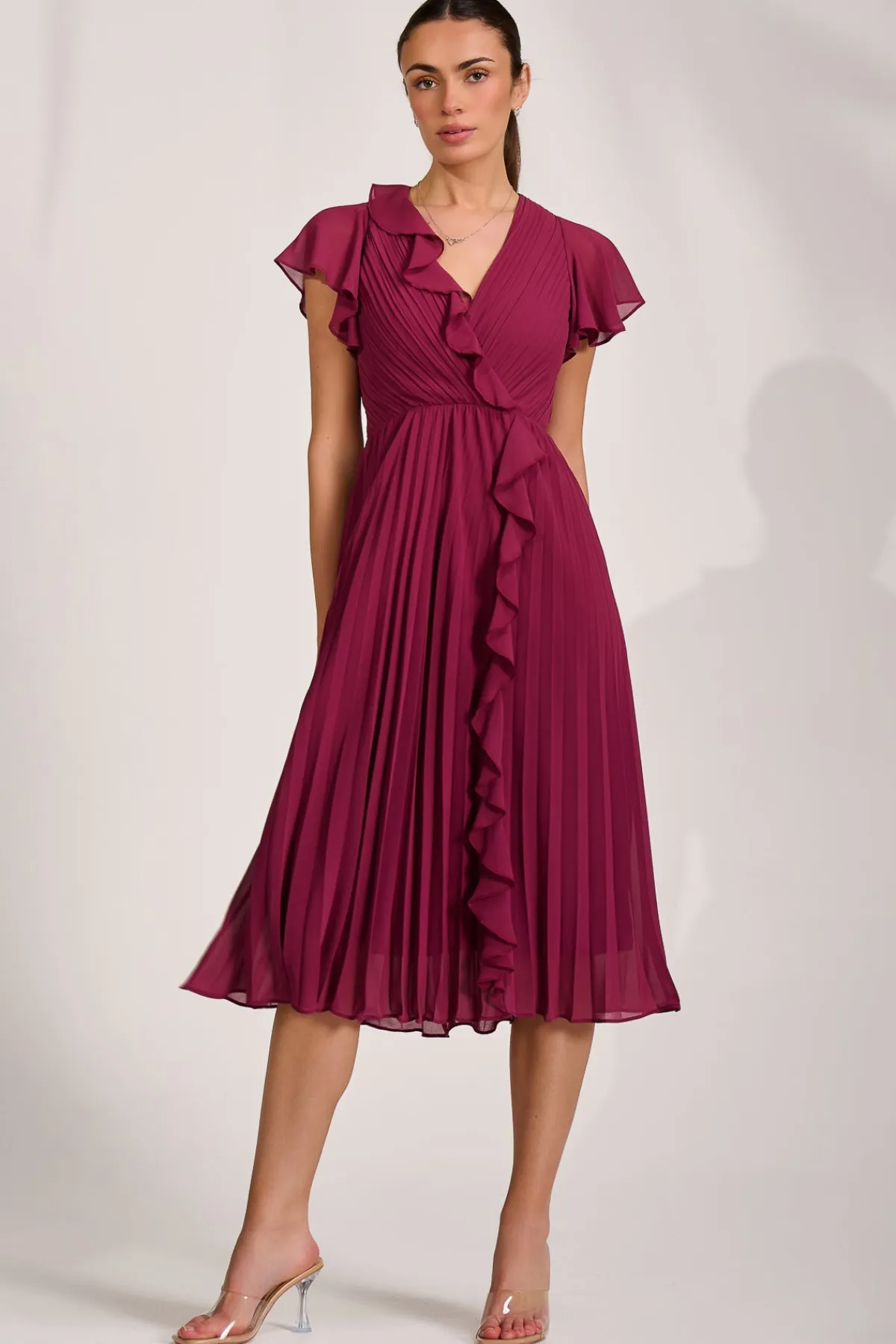 Jolie Moi Wedding Guest|Wedding Guest-Ruffle Pleated Chiffon Midi Dress, Mulberry