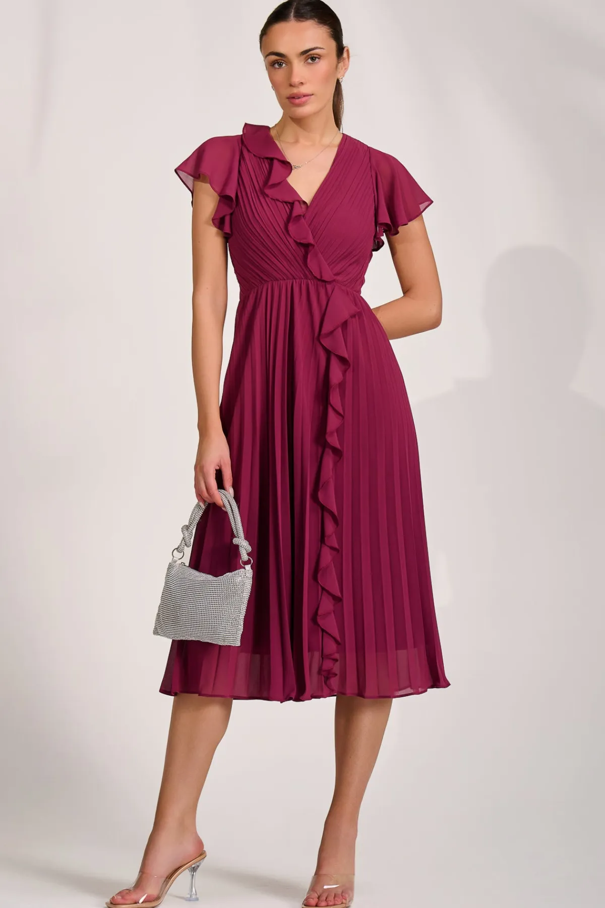 Jolie Moi Wedding Guest|Wedding Guest-Ruffle Pleated Chiffon Midi Dress, Mulberry
