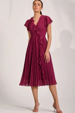 Jolie Moi Wedding Guest|Wedding Guest-Ruffle Pleated Chiffon Midi Dress, Mulberry