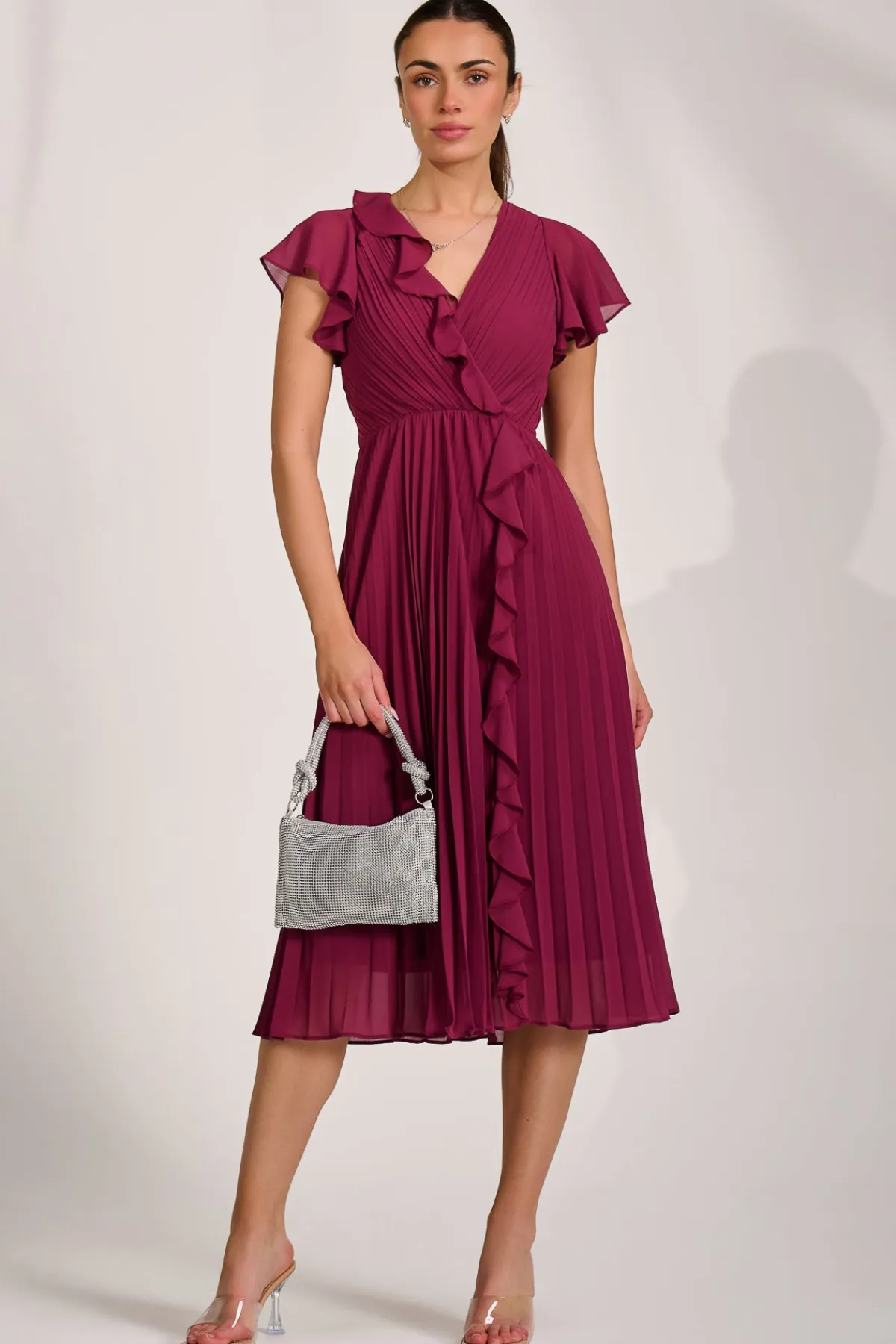Jolie Moi Wedding Guest|Wedding Guest-Ruffle Pleated Chiffon Midi Dress, Mulberry