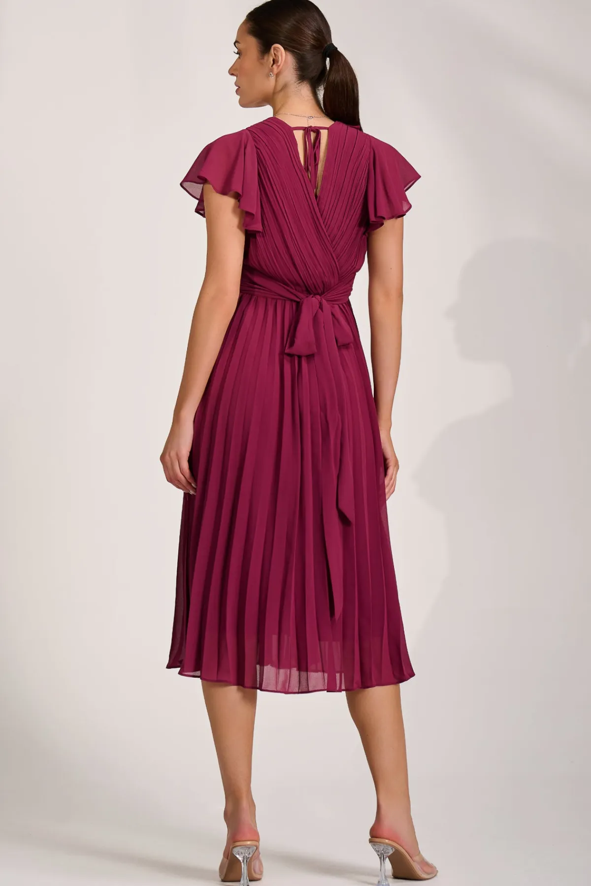 Jolie Moi Wedding Guest|Wedding Guest-Ruffle Pleated Chiffon Midi Dress, Mulberry
