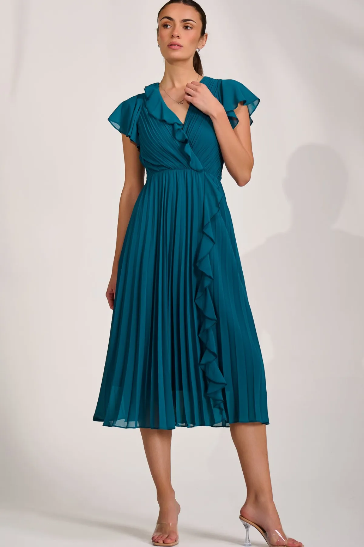 Jolie Moi Wedding Guest|Wedding Guest-Ruffle Pleated Chiffon Midi Dress, Teal