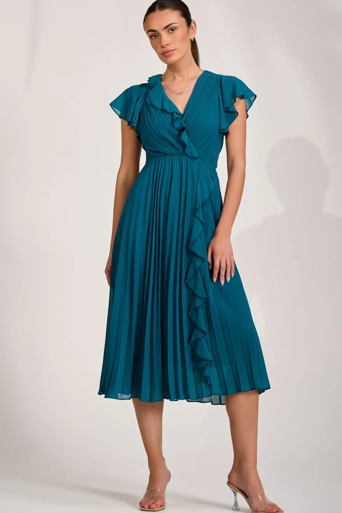 Jolie Moi Wedding Guest|Wedding Guest-Ruffle Pleated Chiffon Midi Dress, Teal