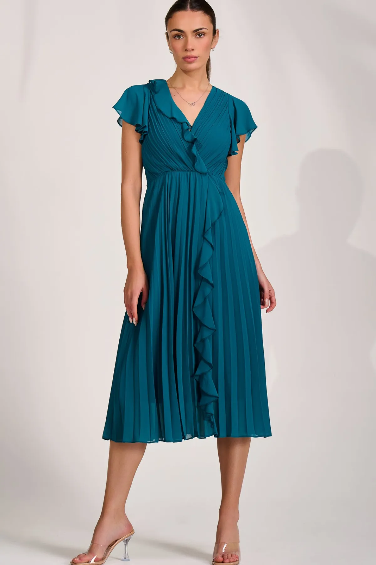 Jolie Moi Wedding Guest|Wedding Guest-Ruffle Pleated Chiffon Midi Dress, Teal
