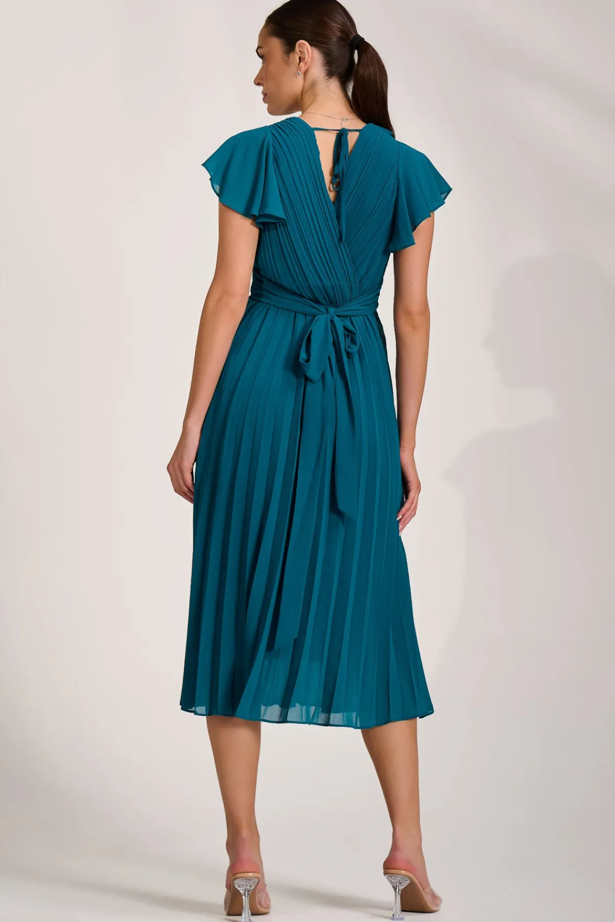 Jolie Moi Wedding Guest|Wedding Guest-Ruffle Pleated Chiffon Midi Dress, Teal