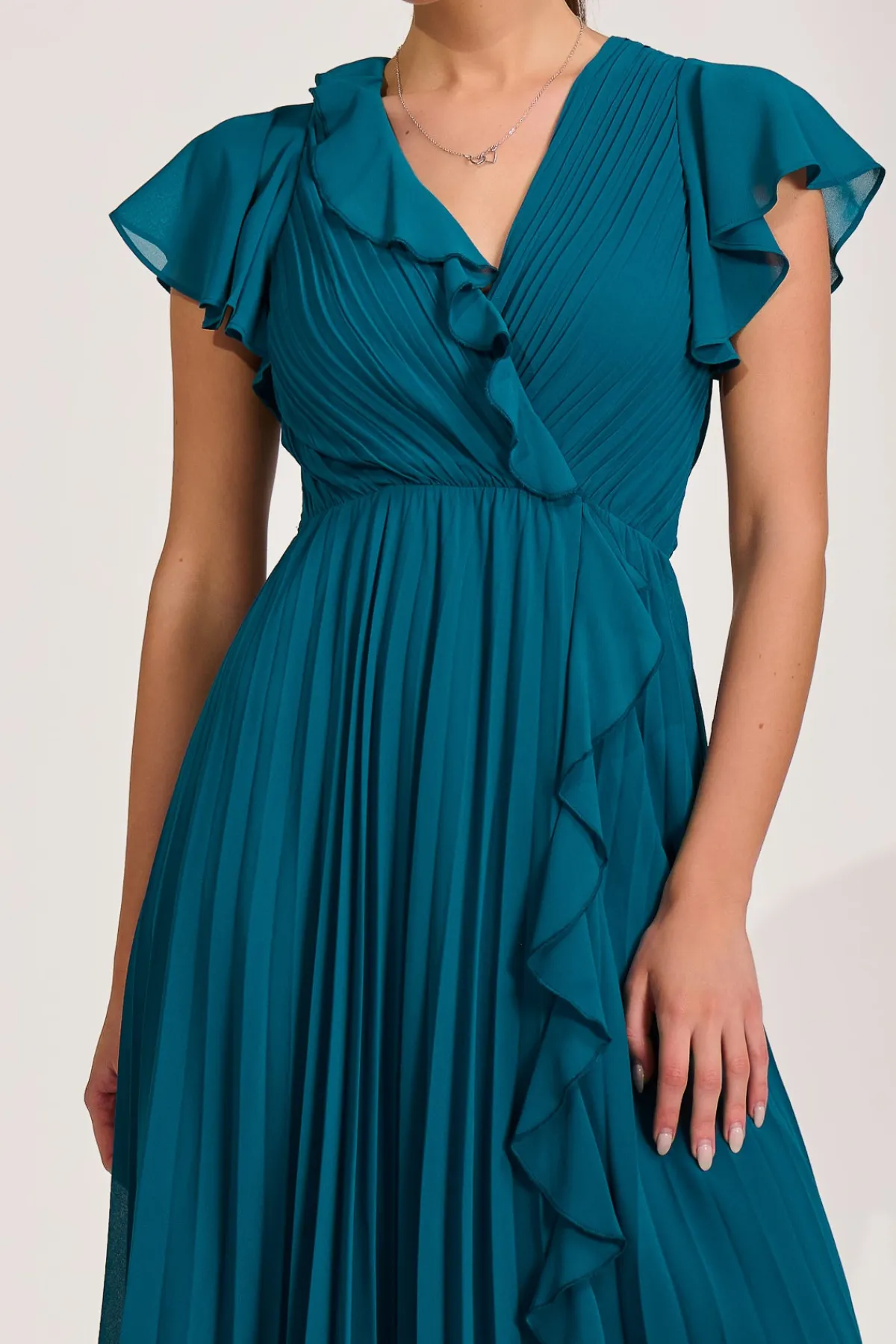 Jolie Moi Wedding Guest|Wedding Guest-Ruffle Pleated Chiffon Midi Dress, Teal