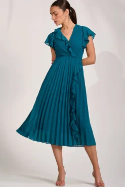 Jolie Moi Wedding Guest|Wedding Guest-Ruffle Pleated Chiffon Midi Dress, Teal