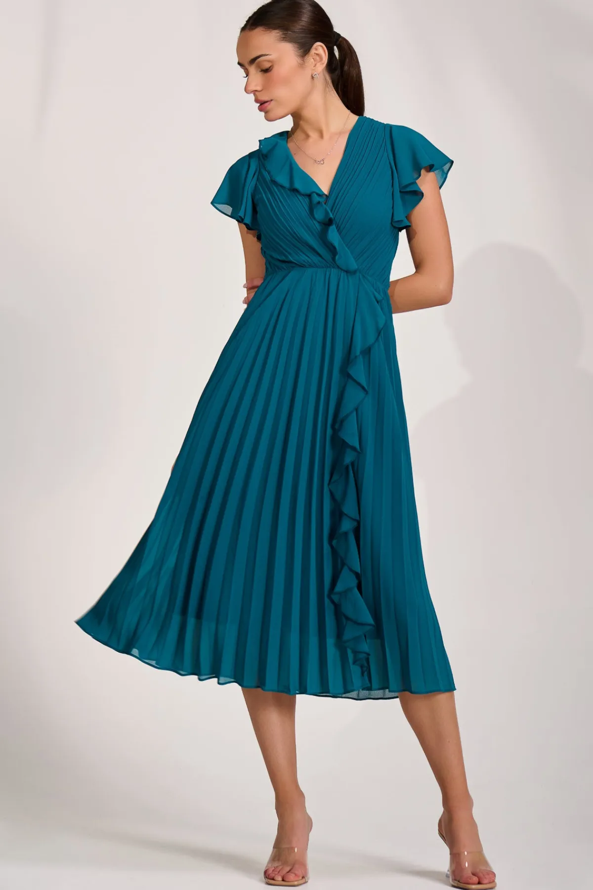 Jolie Moi Wedding Guest|Wedding Guest-Ruffle Pleated Chiffon Midi Dress, Teal